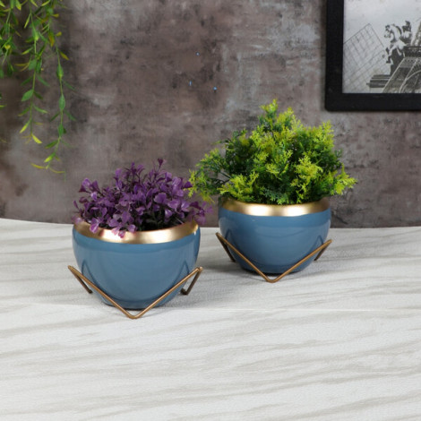 Apple Shape Metal Blue & Gold Planter Set of 2