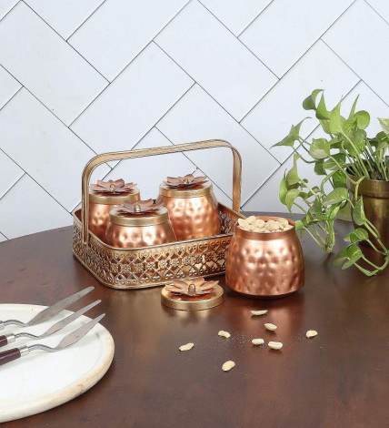 Gold Basket With 4 Metal Jars