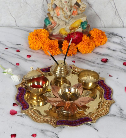 Purple & Gold Brass Pooja Thali