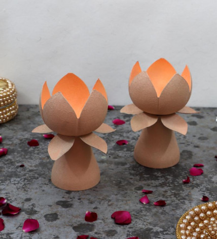 Biege Textured Lotus Tealight Holder Set of 2