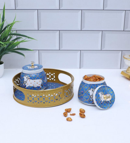 Blue & White Cow Round Basket With Jar Set of 3