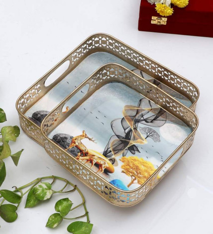 Square Gold Deer Tray Set of 2