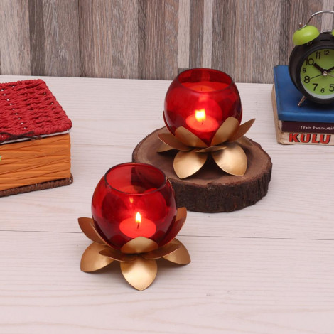 Small Glass Lotus Red Set of 2