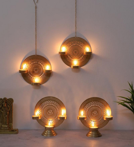 Om Etching Table & Hanging Tealight Holder Set of 4