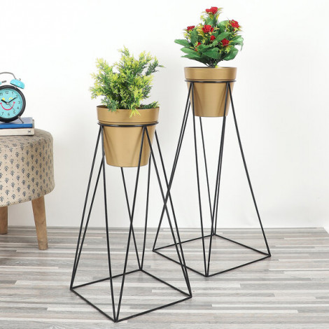 Big Pot Shape Gold Planters with Wide Stand Set of 2