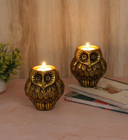 Aluminium Owl Tealight Holder Set of 2