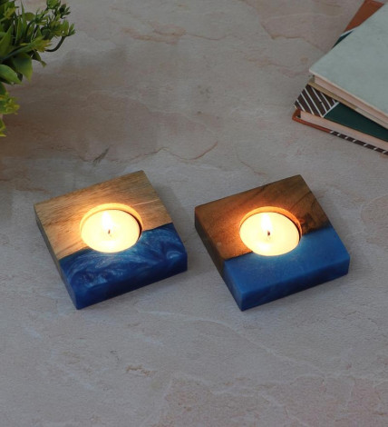 Blue Resin & Mangowood Tealight Holder Set of 2