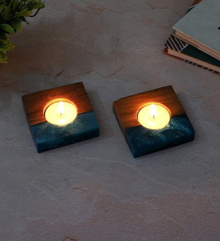 Green Resin & Mangowood Tealight Holder Set of 2