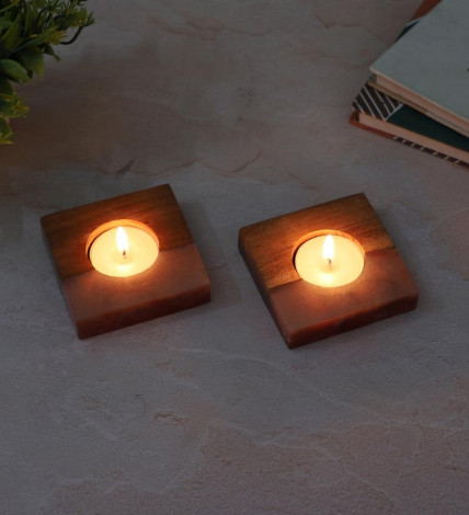 Pink Resin & Mangowood Tealight Holder Set of 2