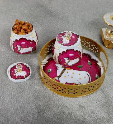 Pink & White Cow Round Basket With Jar Set of 3
