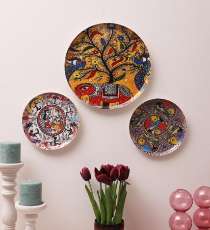 Elephant & Fish  Metal & Meena Wall Plates Set of 3
