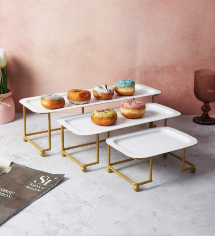 White & Gold Rectangualer Step Platter Set of 3