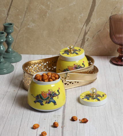 Blue Elephant Print Jars WIth basket Set of 2