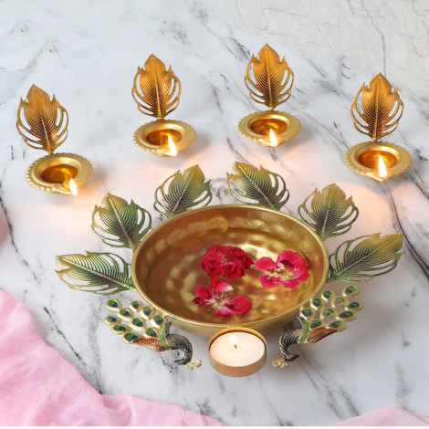 Green & Gold Peacock Urli With Tealight Holder Set of 5