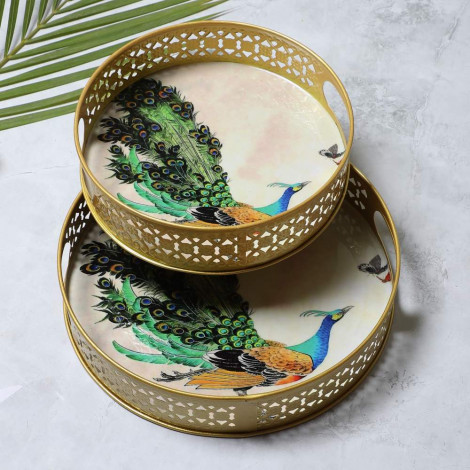 Green Peacock Tray Set of 2
