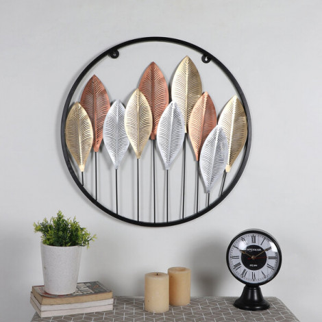 Round Gold Silver & Copper Etching Leaves Wall Décor